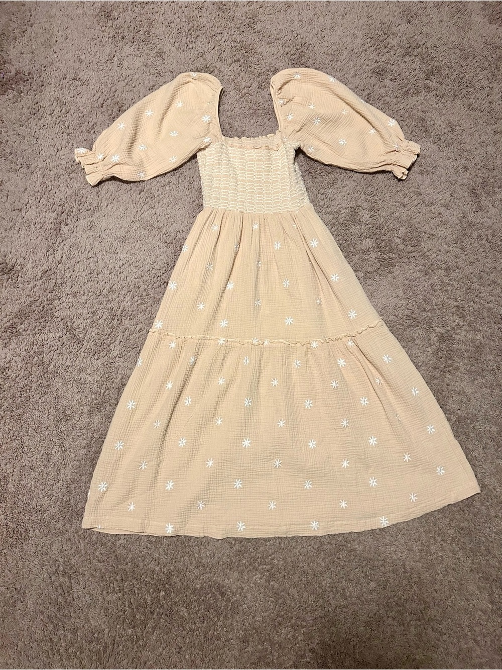 Beige Puff-Sleeve Smocked Midi Dress with Embroidered Stars